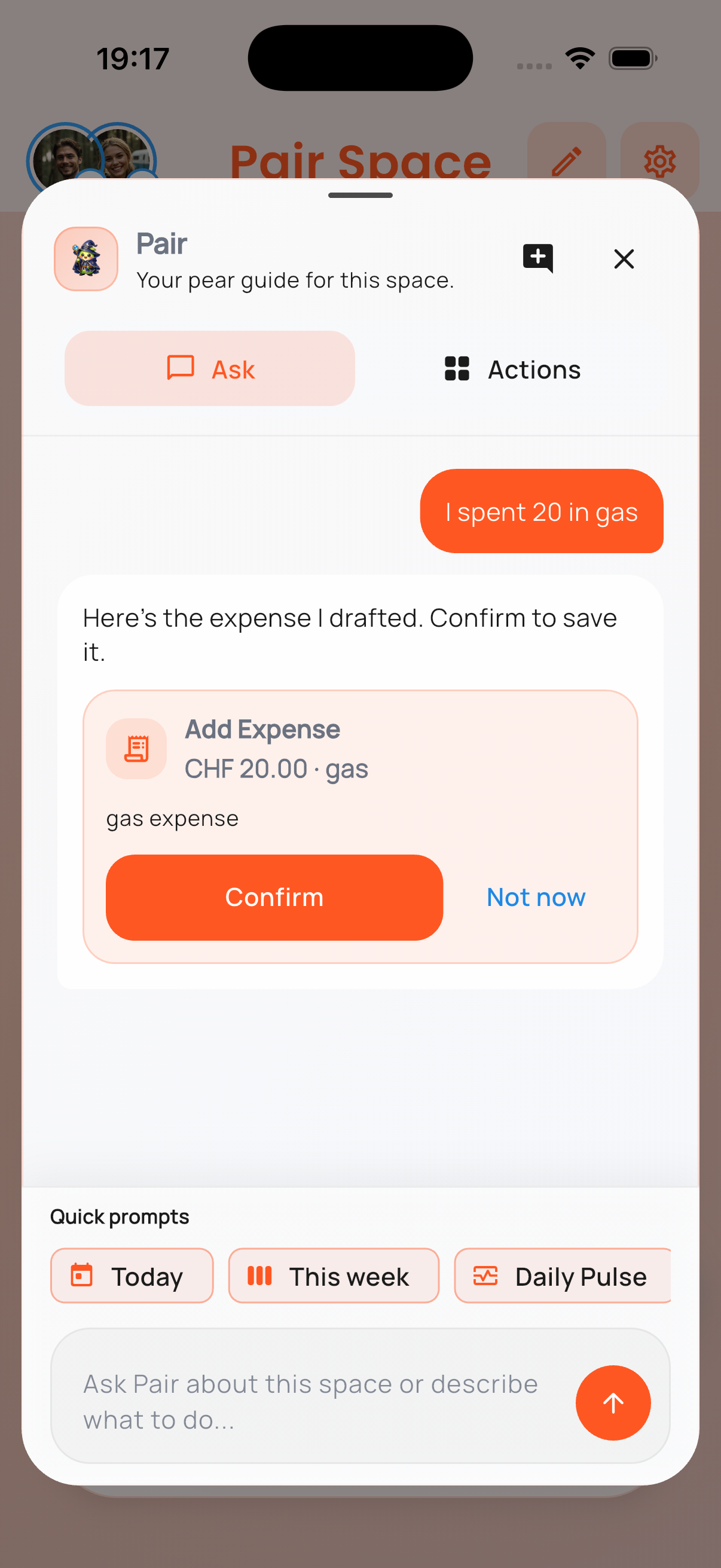 AI assistant drafting an expense after a short prompt