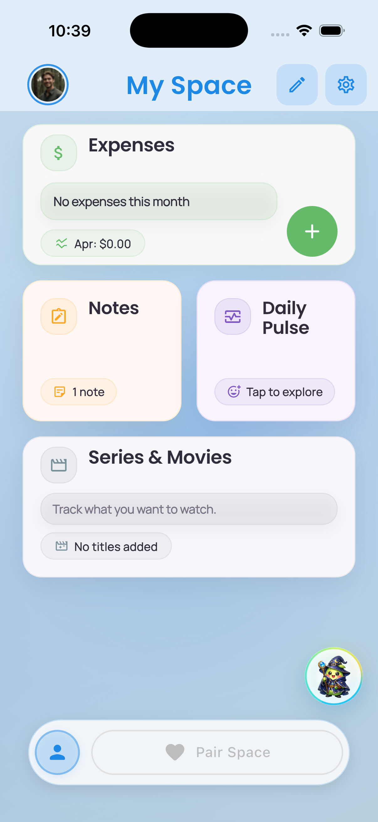 My Space dashboard with selected modules