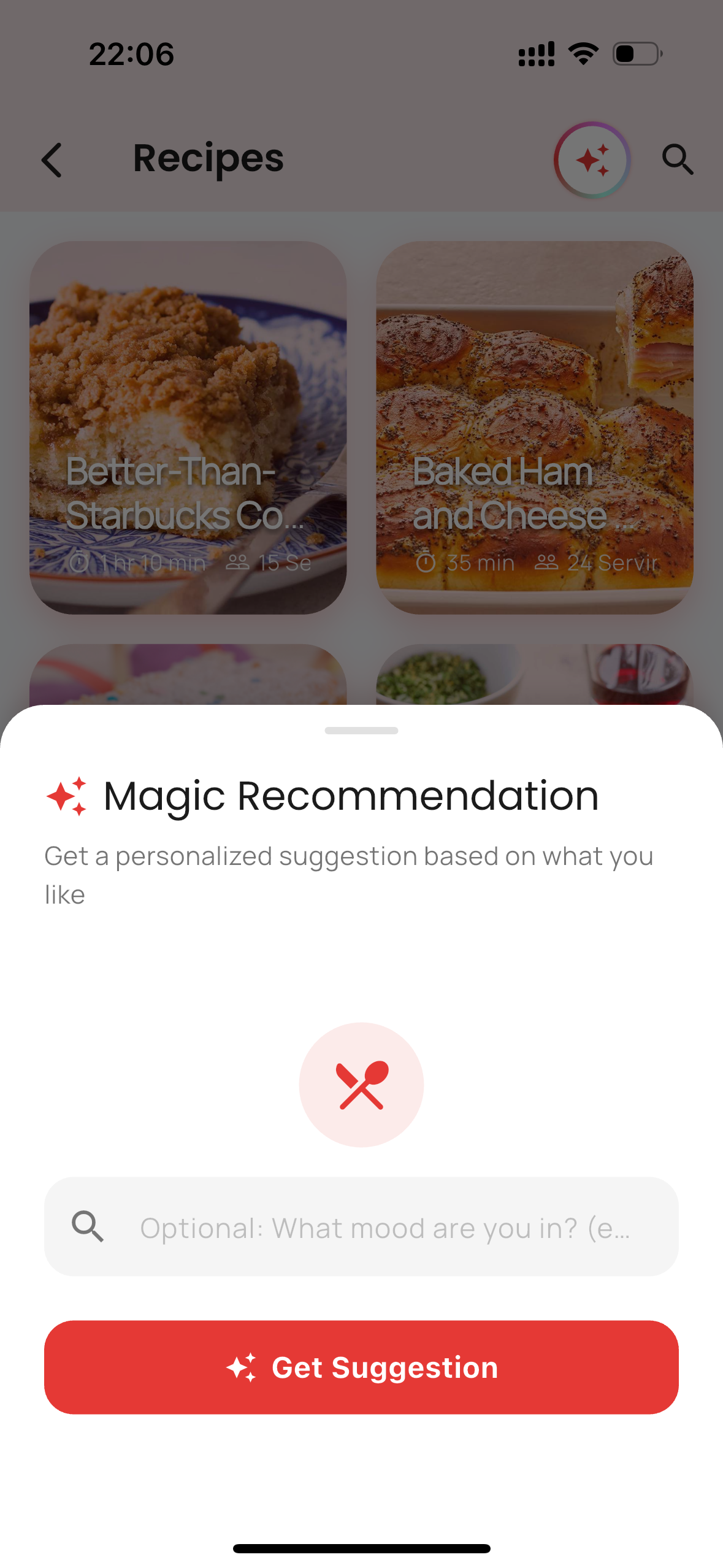 AI recipe recommendation screenshot