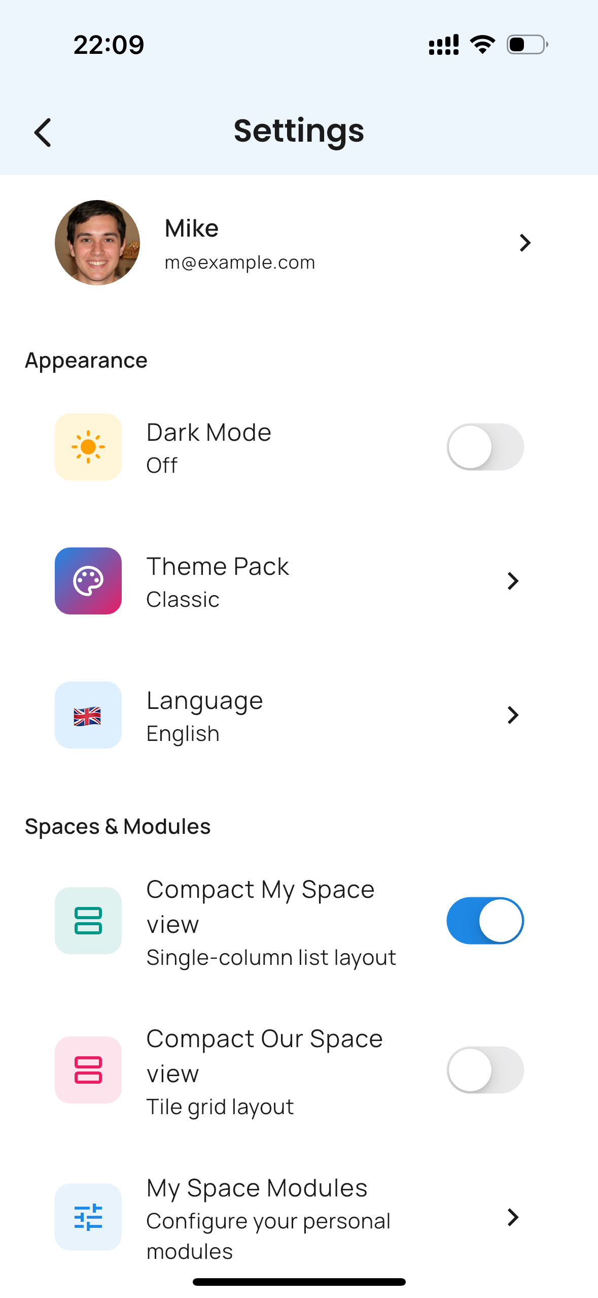 Settings page with compact mode controls